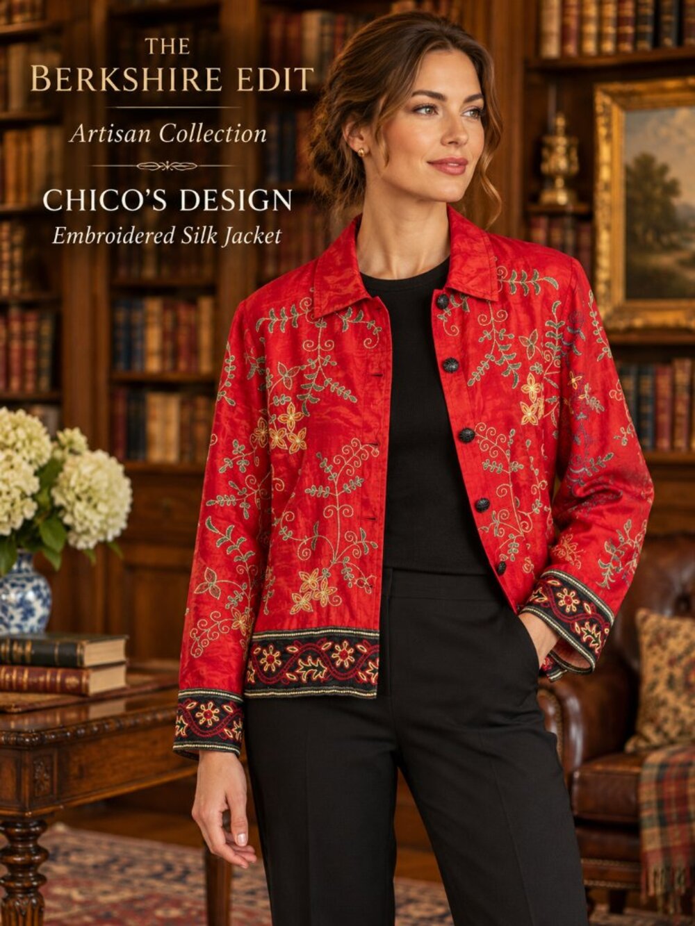 Chico's Design Red 100% Silk Embroidered Floral Jacket Size 1 Boho Artwear